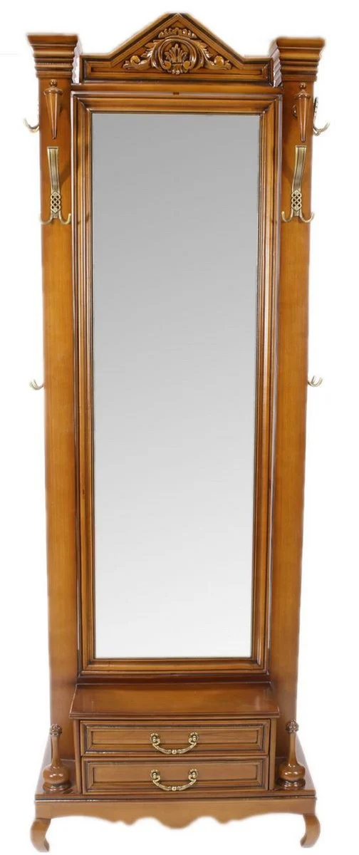 Baroque solid wood standing mirror with 2 drawers & coat hooks brown 50 x H. 190 cm - Baroque furniture