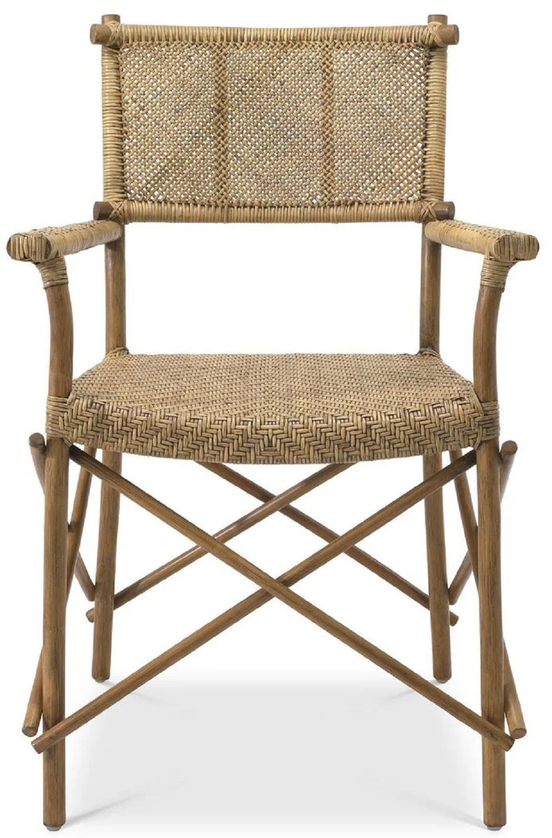 Luxury dining room chair natural colors 58.5 x 55.5 x H. 91.5 cm - solid wood chair with armrests and hand-woven rattan weave - luxury dining room furniture
