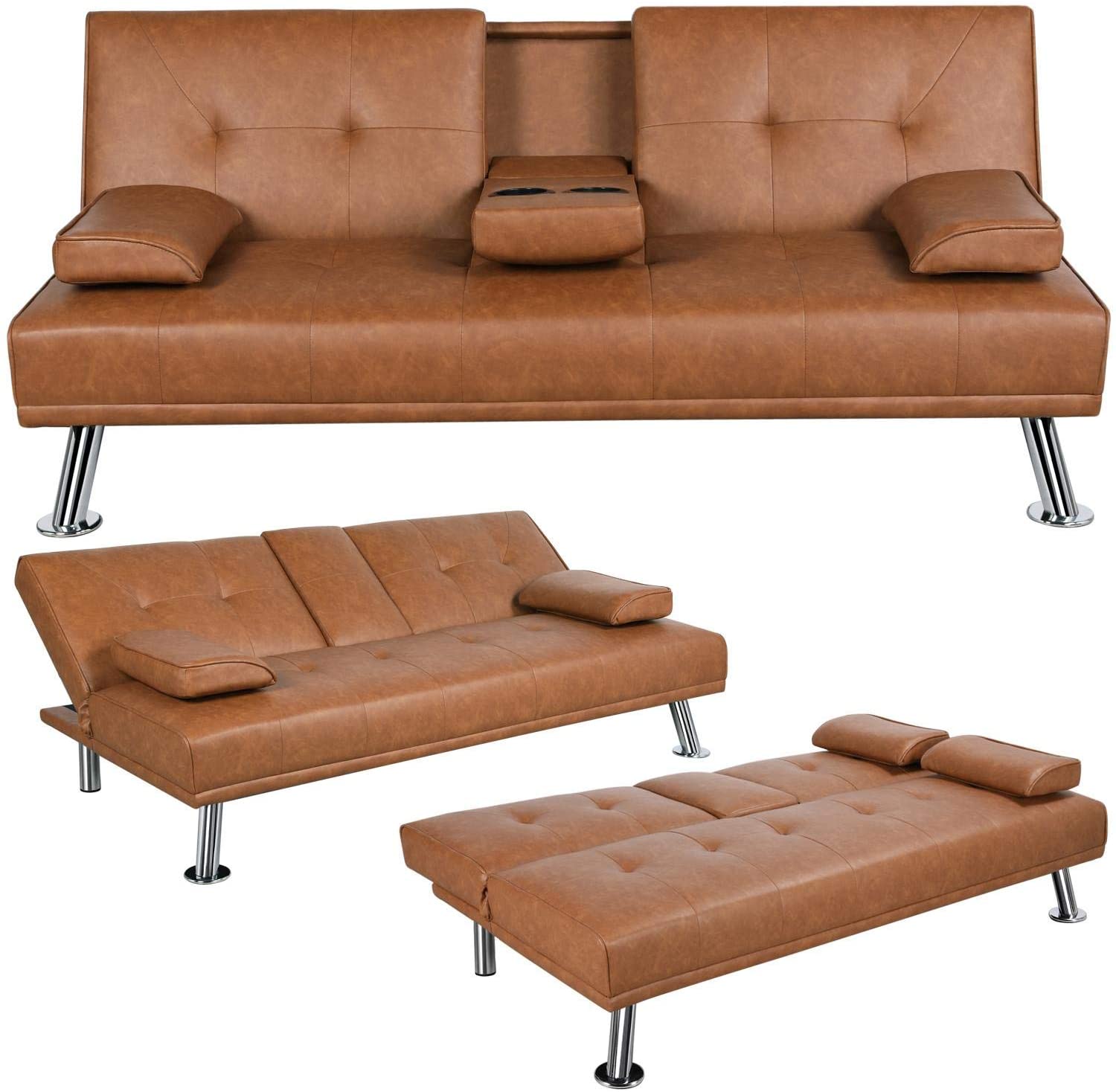 Apartment sofa bed, artificial leather sofa with armrests, home recliner, suitable for living room and studio brown