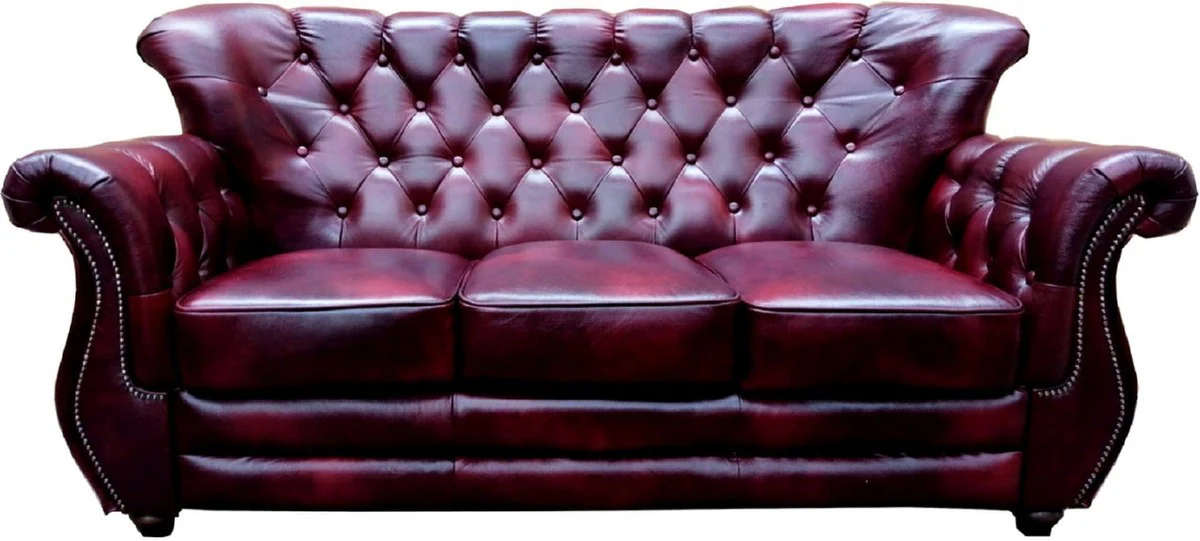 Luxury Chesterfield real leather living room set Bordeaux red / brown / silver - 2 leather sofas & 2 leather armchairs - Chesterfield living room furniture