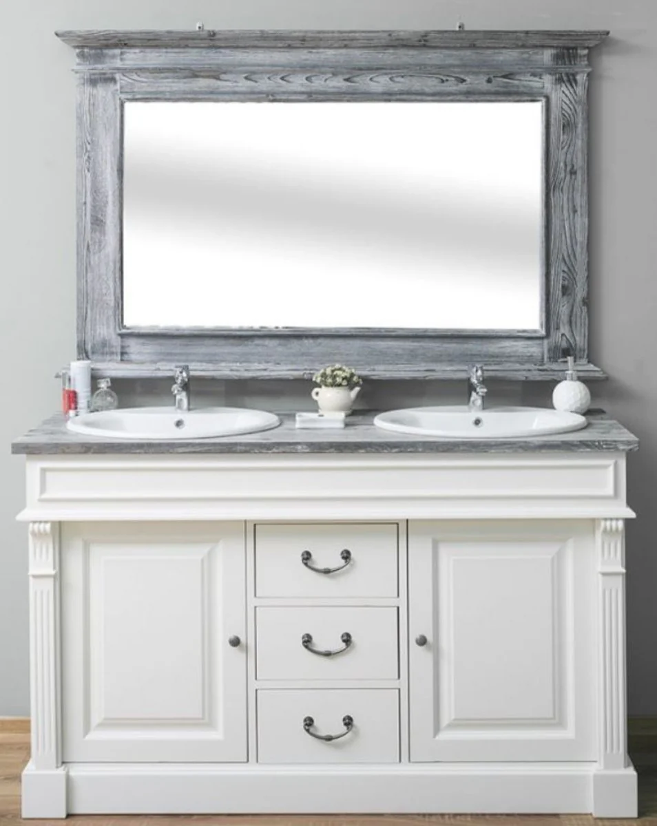 Country house style bathroom set white / gray - 1 double washbasin & 1 wall mirror - solid wood bathroom furniture in country house style