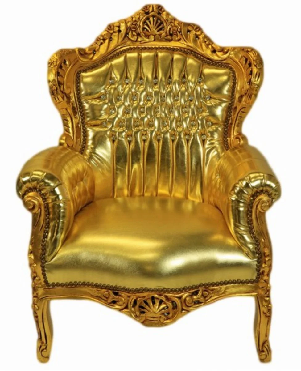 Baroque armchair King Gold leather look with glittering stones 85 x 85 x H. 120 cm