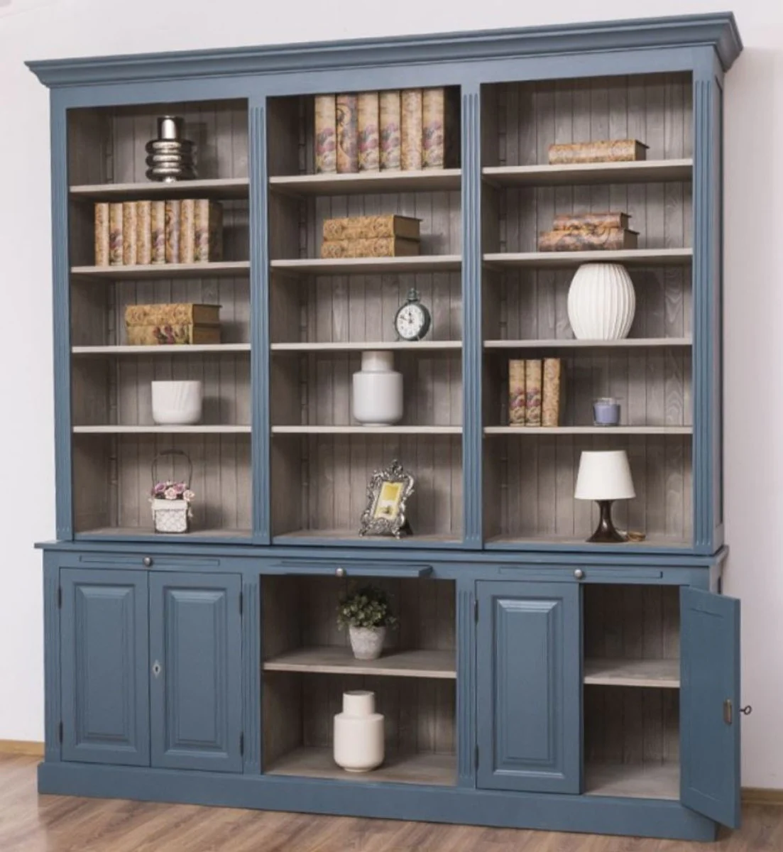 Country house style living room cabinet blue / gray 229 x 51 x H. 244 cm - solid wood cabinet - bookcase - shelf cabinet - country house style furniture
