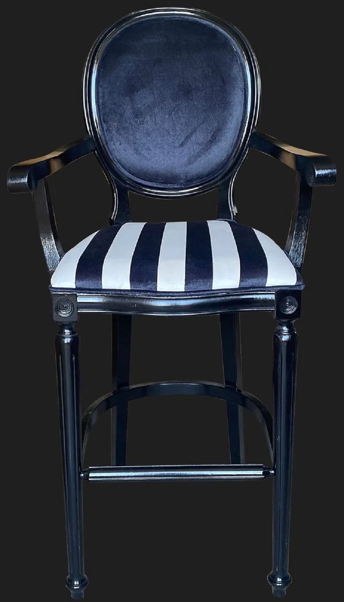 Baroque Bar Chair with Armrests Black / White / Black - Striped Antique Style Velvet Bar Stool - Handcrafted Baroque Bar Furniture