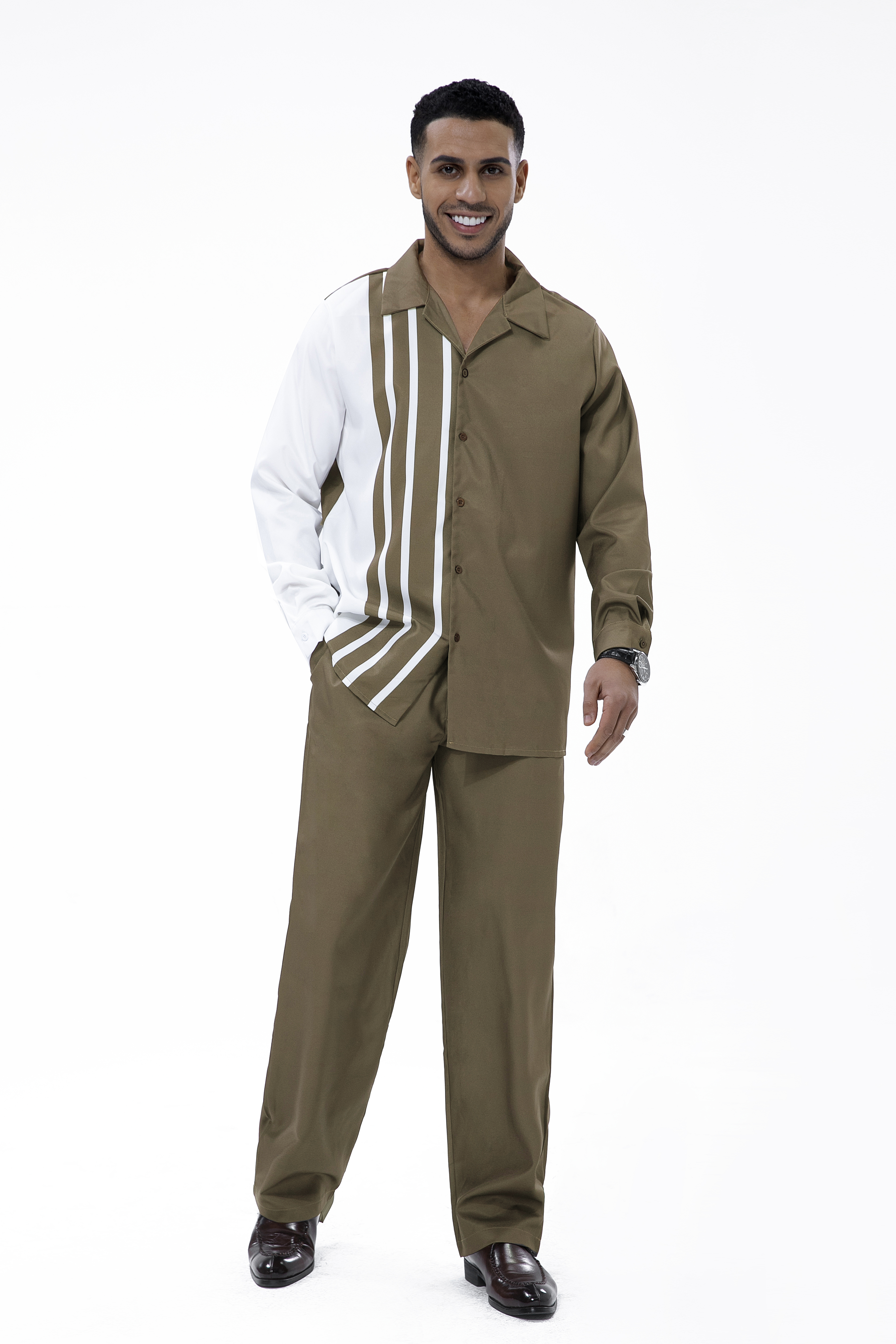 Suitmens Olive Stripe Colorblock Walking Set 2-Piece Long Sleeve Set