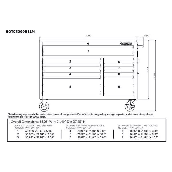 52 IN W 9-DRAWER, DEEP TOOL CHEST MOBILE WORKBENCH in GLOSS BLACK MIT HARDWOOD TOP