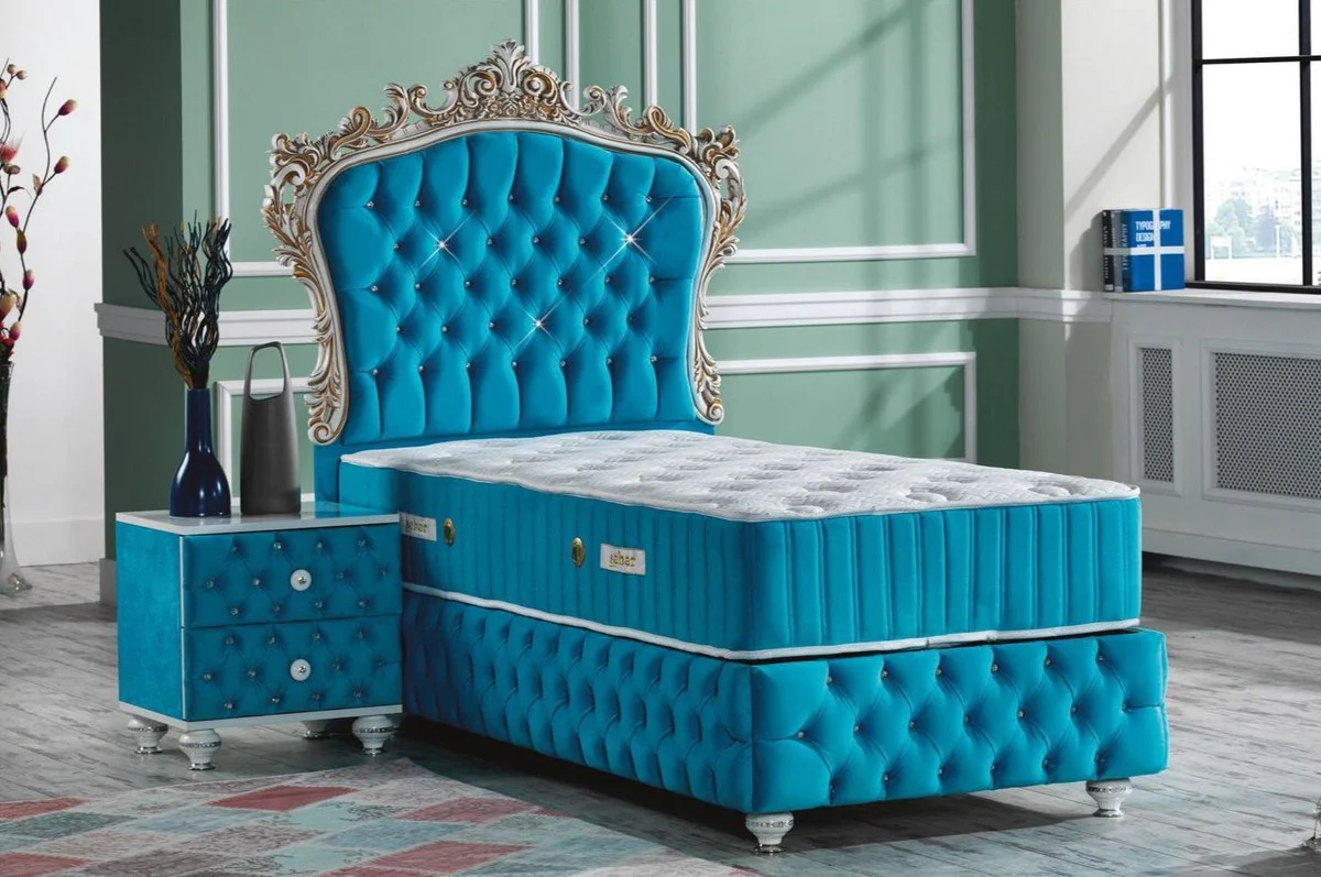 Baroque single bed turquoise / white / antique gold - magnificent velvet bed with rhinestones and mattress