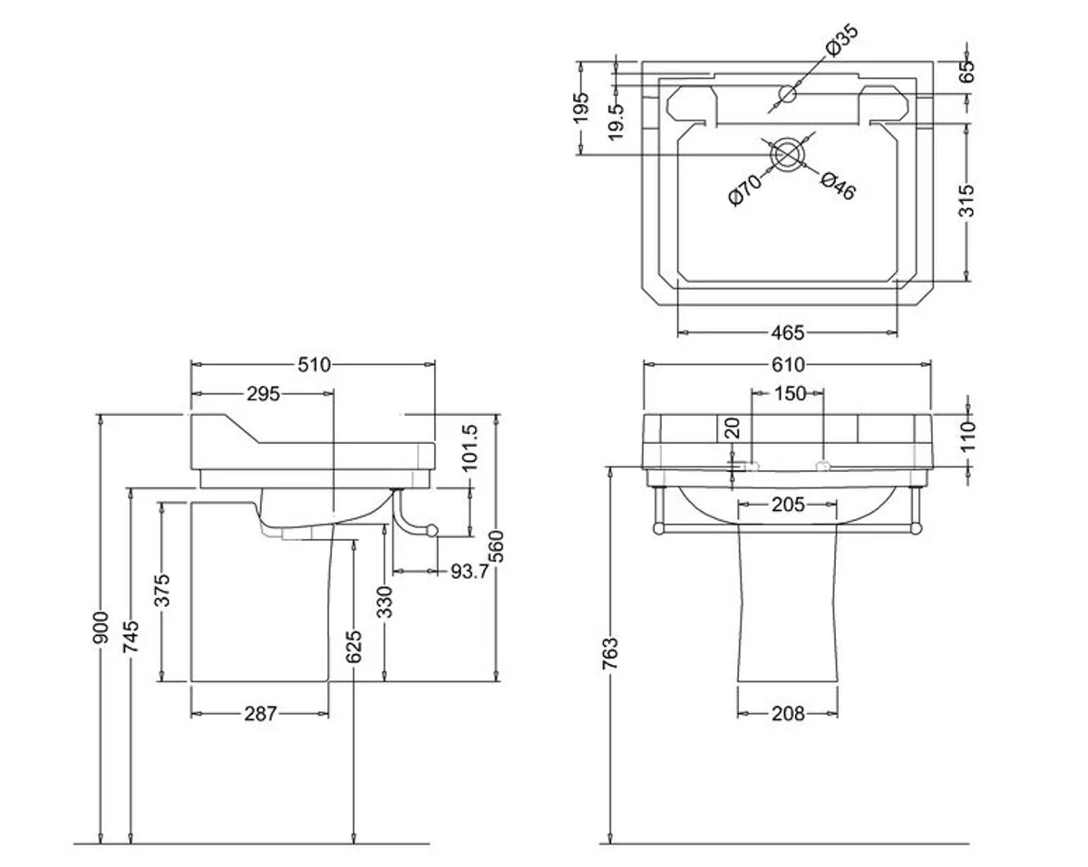Porcelain washbasin with half base 61 x 51 x H. 56 cm