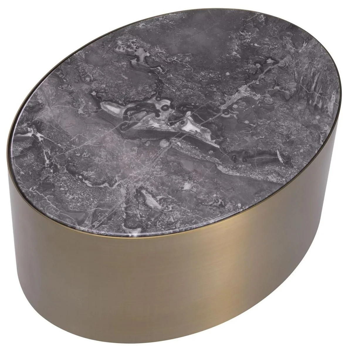 Luxury side table gray / brass / black 65 x 48 x H. 38.5 cm - Oval stainless steel table with marble top - Luxury living room furniture - Luxury quality
