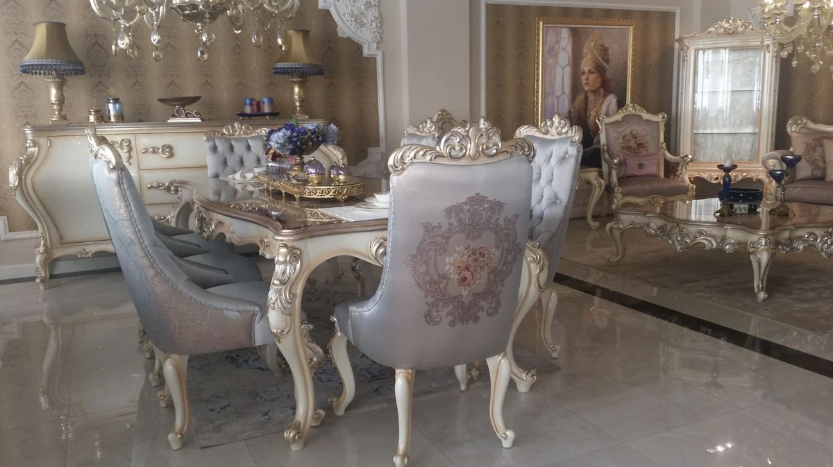Luxury Baroque Dining Room Chair Set Silver / Cream / Gold - 6 Kitchen Chairs in Baroque Style - Baroque Dining Room Furniture