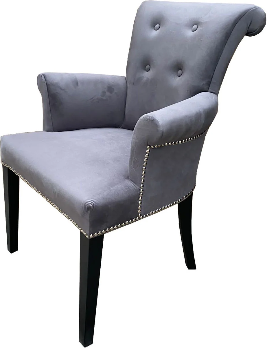 Luxury dining room chair gray / black - solid wood kitchen chair with armrests and elegant velvet fabric - luxury dining room & restaurant furniture