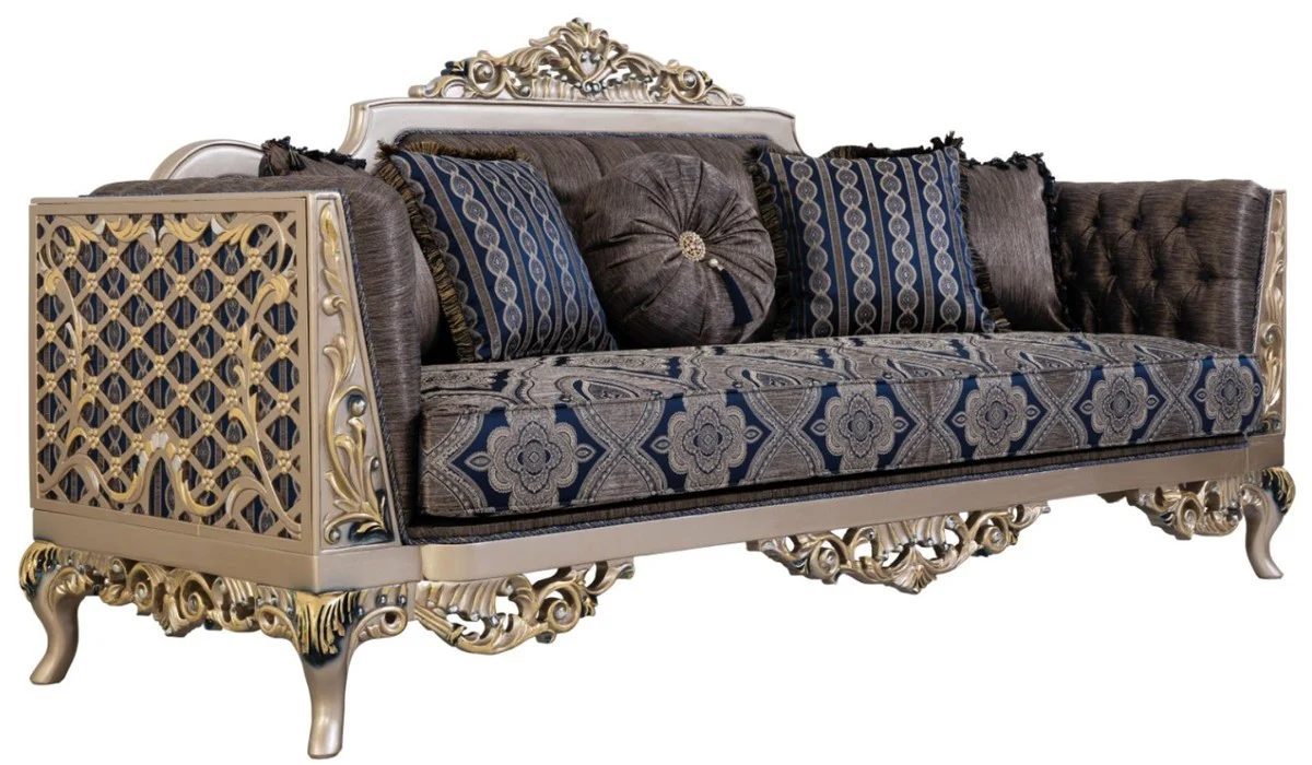 Luxury Baroque Living Room Set Blue / Silver / Gold - 2 Sofas & 2 Armchairs & 1 Coffee Table - Magnificent Baroque Living Room Furniture