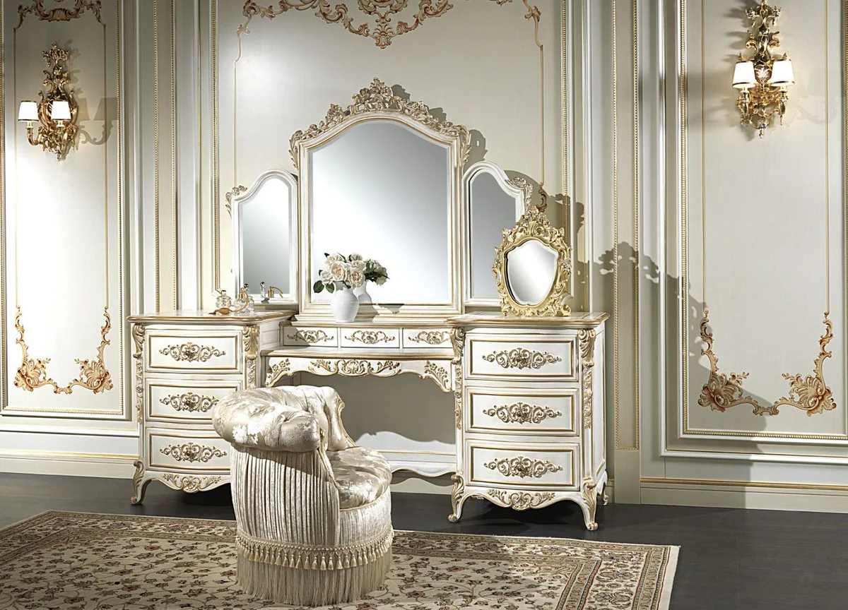 Luxury Baroque Bedroom Set White / Gold - 1 Dressing Table & 1 Mirror & 1 Armchair - Magnificent Bedroom Furniture - Hotel Furniture - Castle Furniture - Luxury Quality - Made in Italy