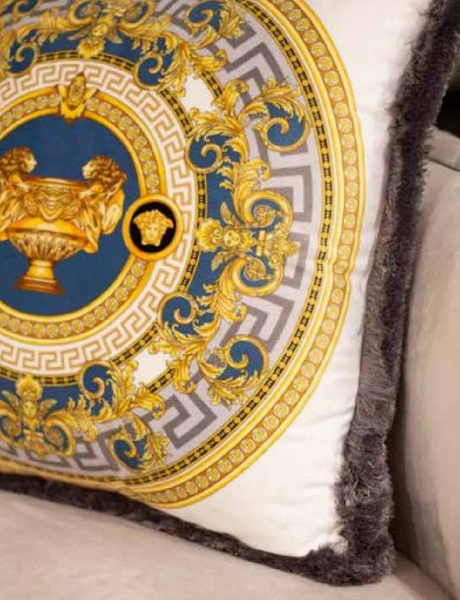 Luxury Baroque Velvet Cushion Vase with Lions White / Gold / Gray 45 x 45 cm - Printed Decorative Cushion with Fringes - Baroque Decorative Accessories