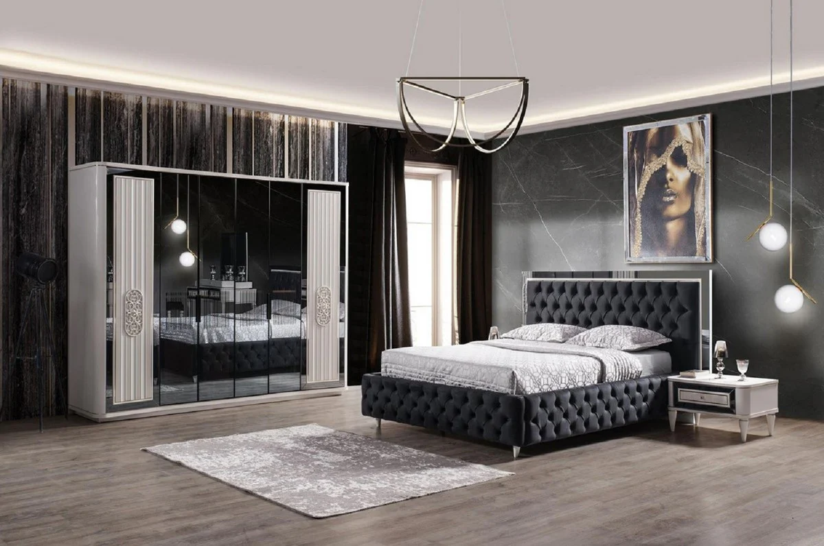 Luxury bedroom set dark gray / white - 1 double bed with headboard & 2 bedside tables - Bedroom furniture - Luxury collection