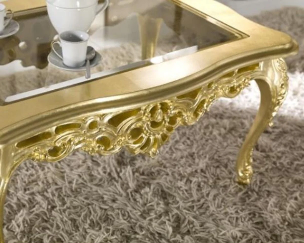 Luxury Baroque coffee table gold 84 x 44 x H. 57 cm - Magnificent living room table with glass top - Baroque living room furniture - Luxury quality - Made in Italy