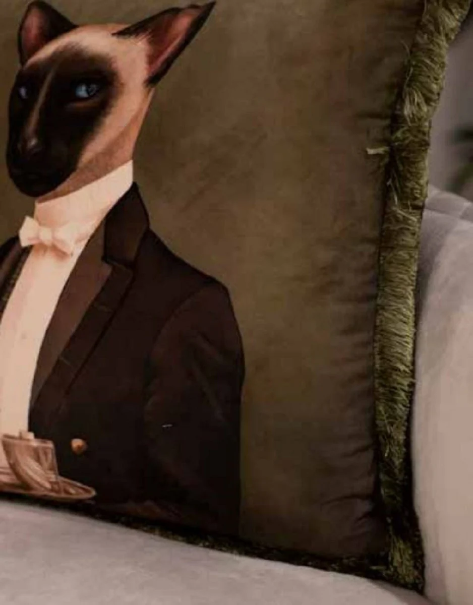 Luxury decorative cushion house servant cat green / multicolored 45 x 45 cm - printed velvet cushion with fringes - luxury quality