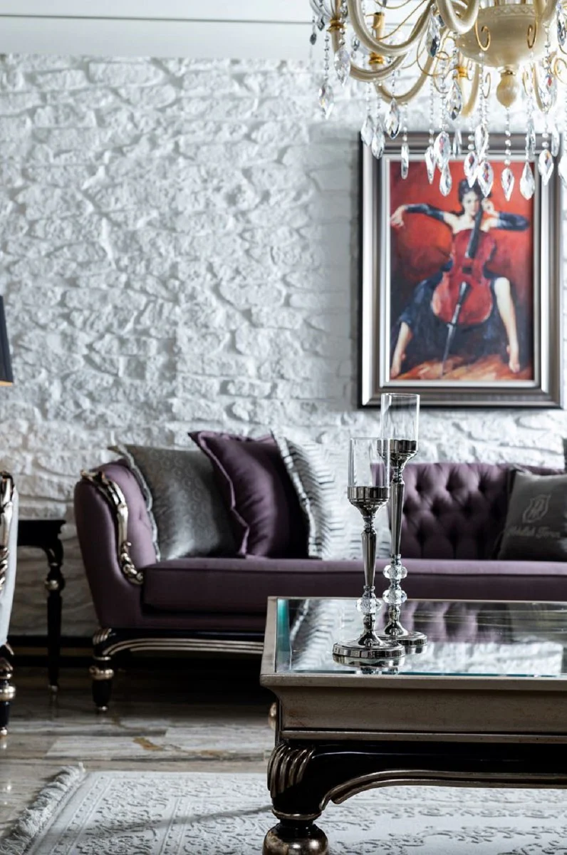 Luxury Baroque Coffee Table Silver / Black - Handmade Solid Wood Living Room Table with Glass Top - Baroque Living Room Furniture