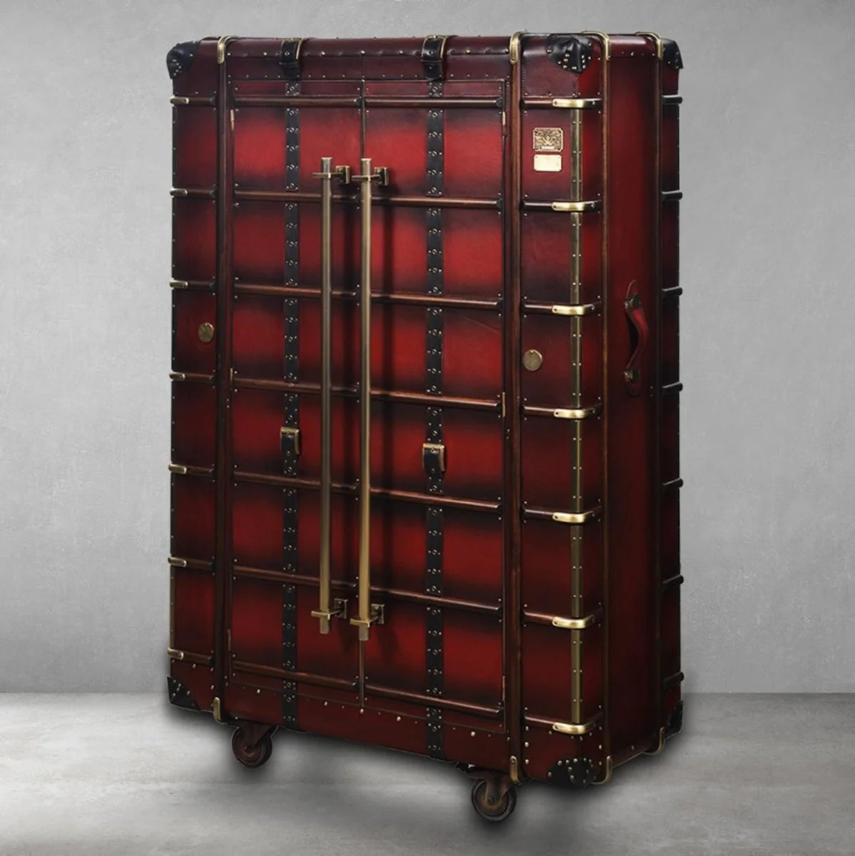 Luxury bar cabinet with wheels Bordeaux red / brass 110 x 50 x H. 170 cm - suitcase cabinet in a retro look - retro style wine cabinet - bar furniture - luxury furniture