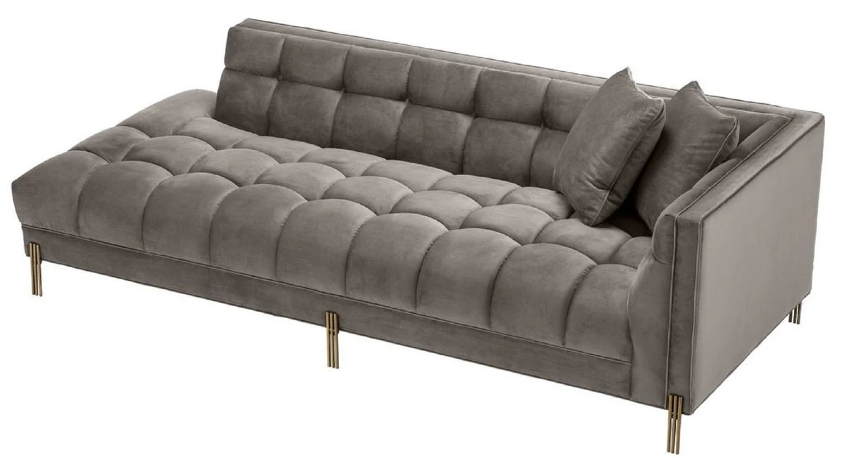 Luxury lounge sofa gray - greige / brass colored 223 x 95 x H. 68 cm - right-side living room sofa with elegant velvet fabric and 2 cushions