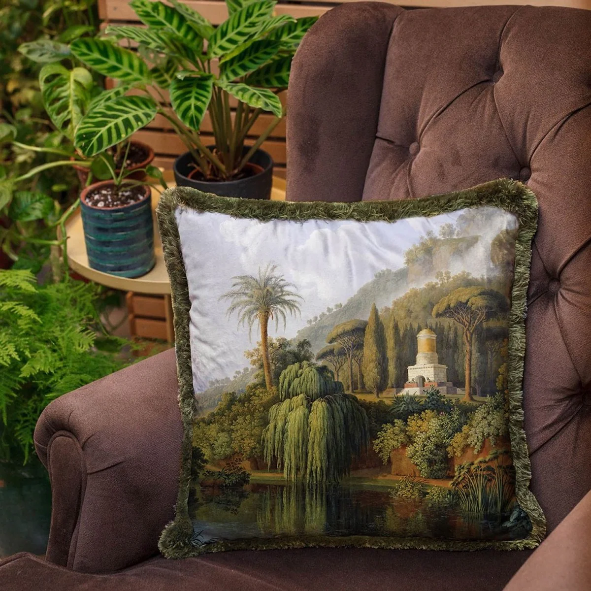 Luxury decorative cushion landscape multicolored / green 45 x 45 cm - printed velvet cushion with fringes - luxury decorative accessories