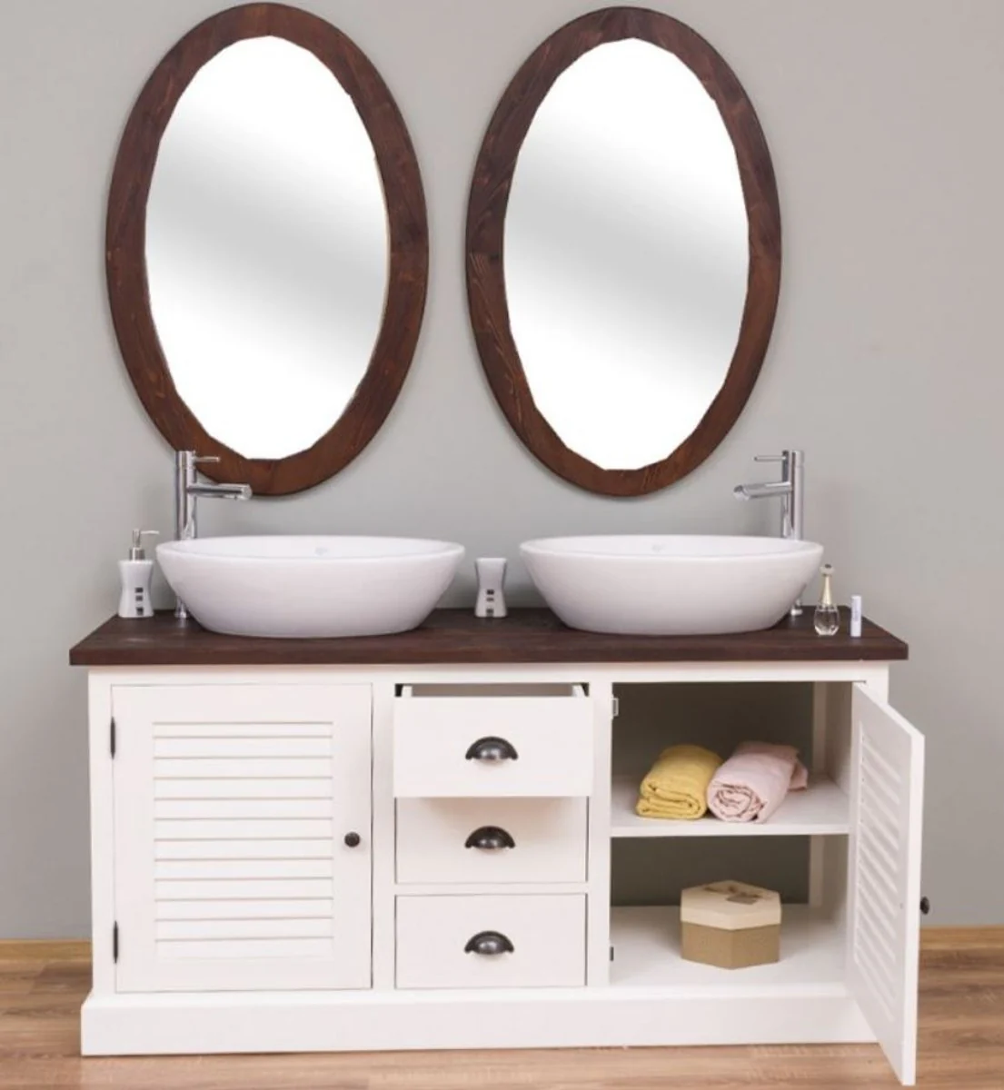 Country house style bathroom set white / dark brown - 1 double washbasin & 2 wall mirrors - solid wood bathroom furniture in country house style