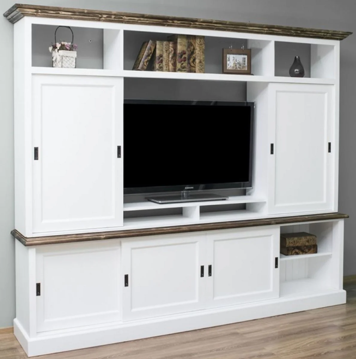 Country house style TV cabinet with 6 sliding doors white / brown 254 x 46 x H. 210 cm - solid wood TV cabinet - living room cabinet - country house style living room furniture