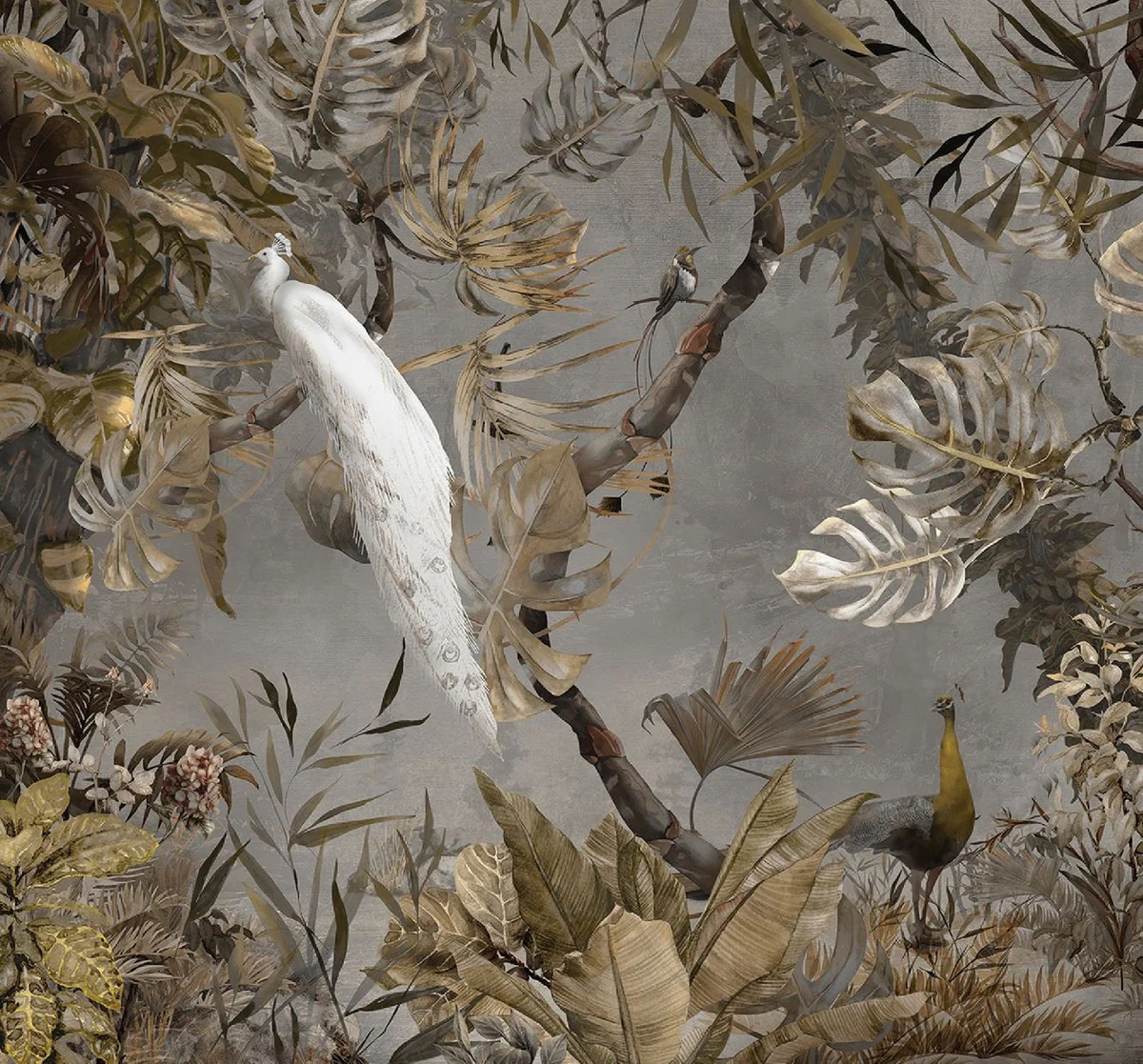 Luxury curtain set white peacock in the forest gray / multicolored 250 x H. 290 cm - printed velvet curtains - eyelet curtains - living room curtains - luxury curtains - luxury quality