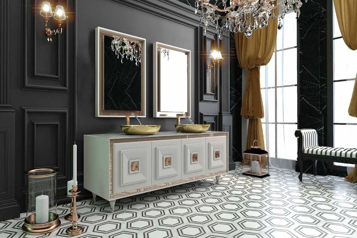 Luxury bathroom set white / bronze / gold - 1 vanity unit with 4 doors and 2 sinks and 2 wall mirrors - luxury bathroom furniture