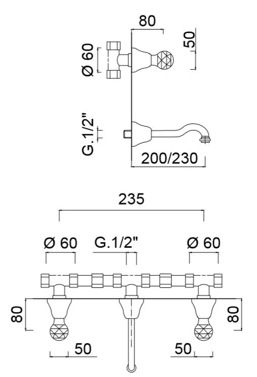 Luxury washbasin 3-hole wall mixer with Swarovski crystal glass silver - washbasin mixer for wall mounting