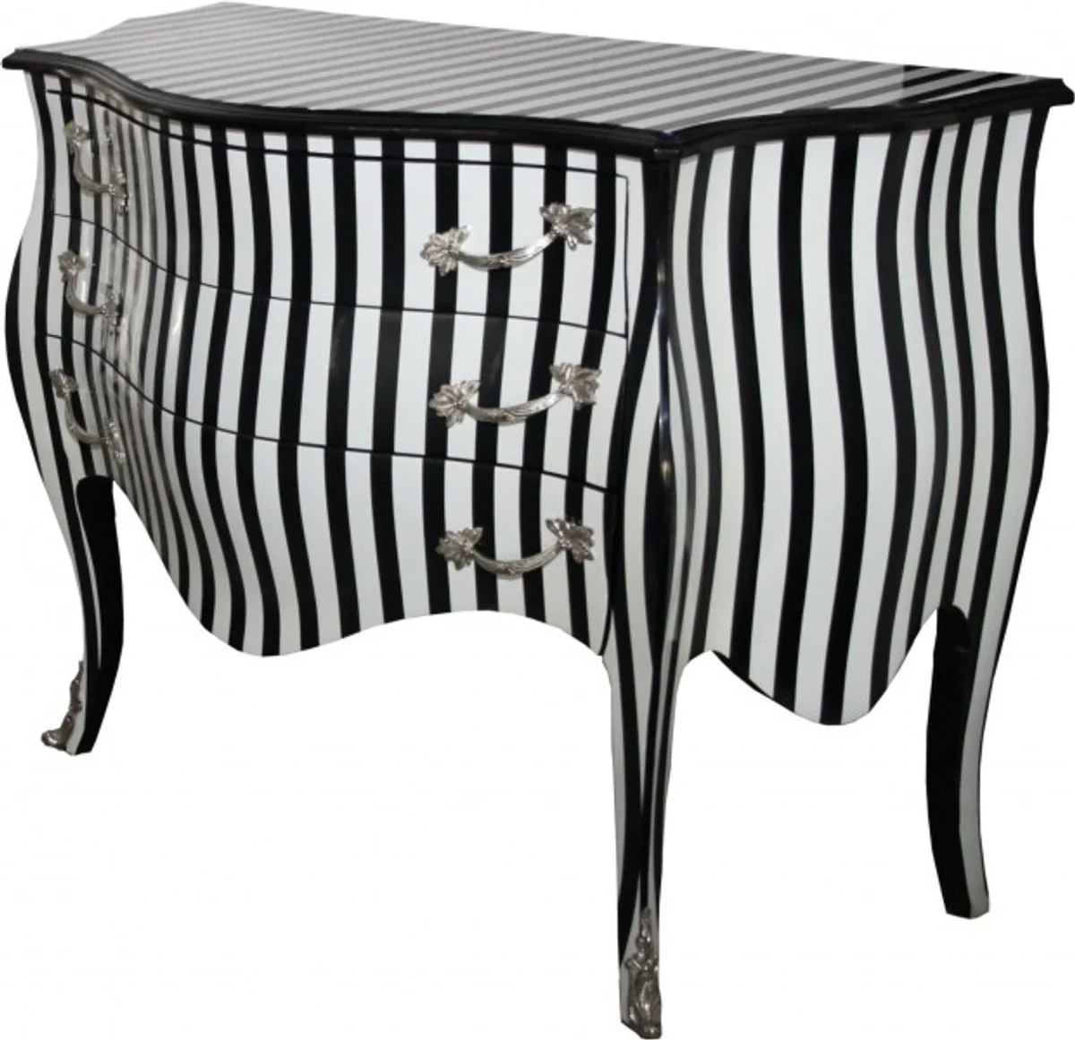Baroque chest of drawers black/white stripes 122 cm with silver metal applications - antique style