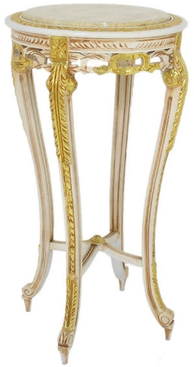 Baroque side table with marble top white / beige / gold / cream Ø 40 x H. 90 cm - Round antique style table - Baroque living room furniture
