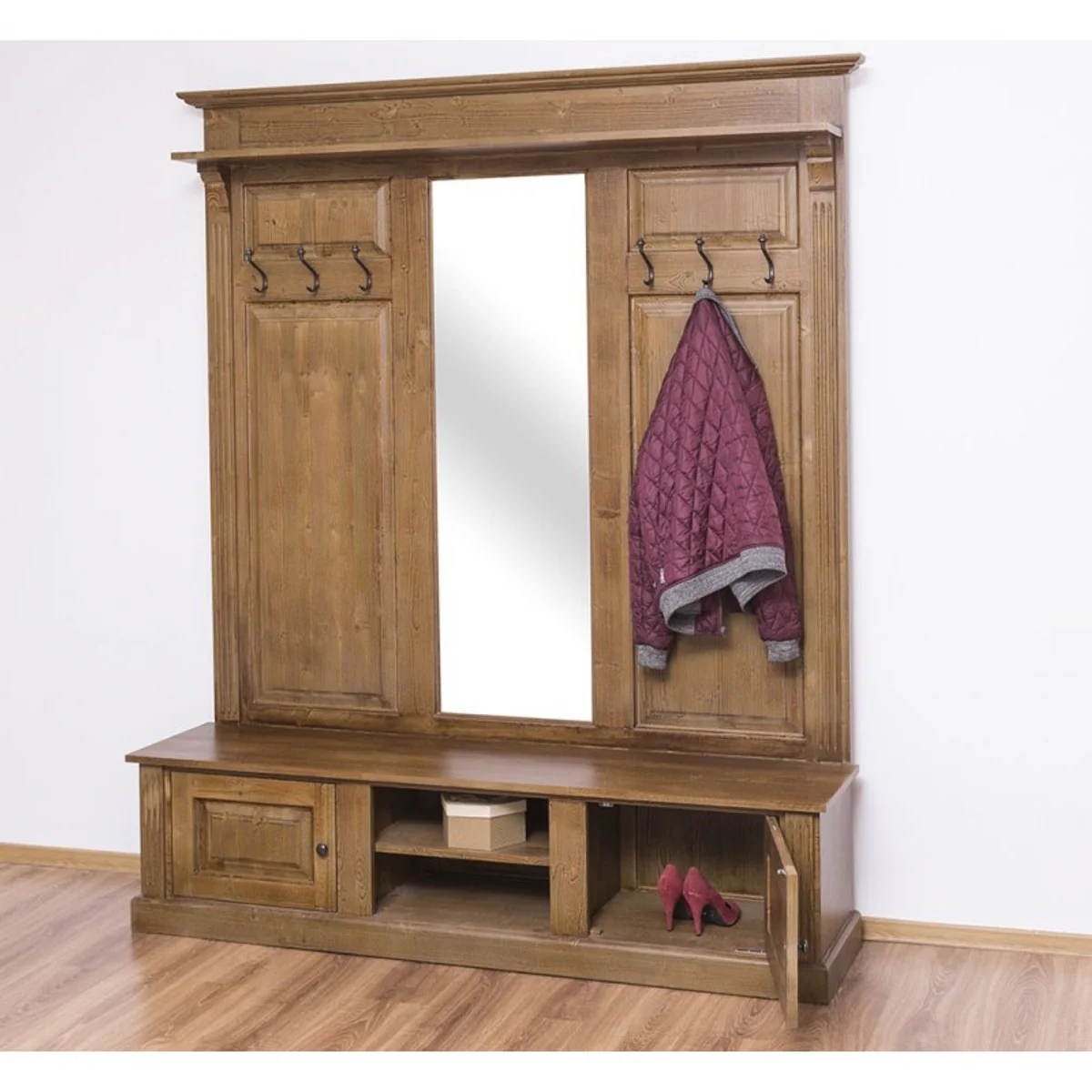 Country house style wardrobe wood colored 180 x 41 x H. 210 cm - solid wood wardrobe with mirror - country house style wardrobe furniture