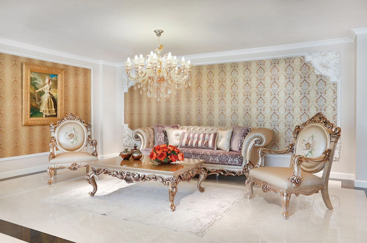 Luxury Baroque Sofa Purple / Cream / Beige / Copper 260 x 100 x H. 90 cm - Magnificent living room sofa with an elegant pattern - Baroque living room furniture