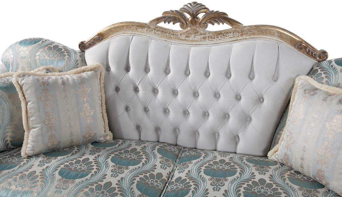 Luxury baroque velvet sofa with cushions gray / turquoise / antique gold 252 x 82 x H. 115 cm - living room furniture in the baroque style