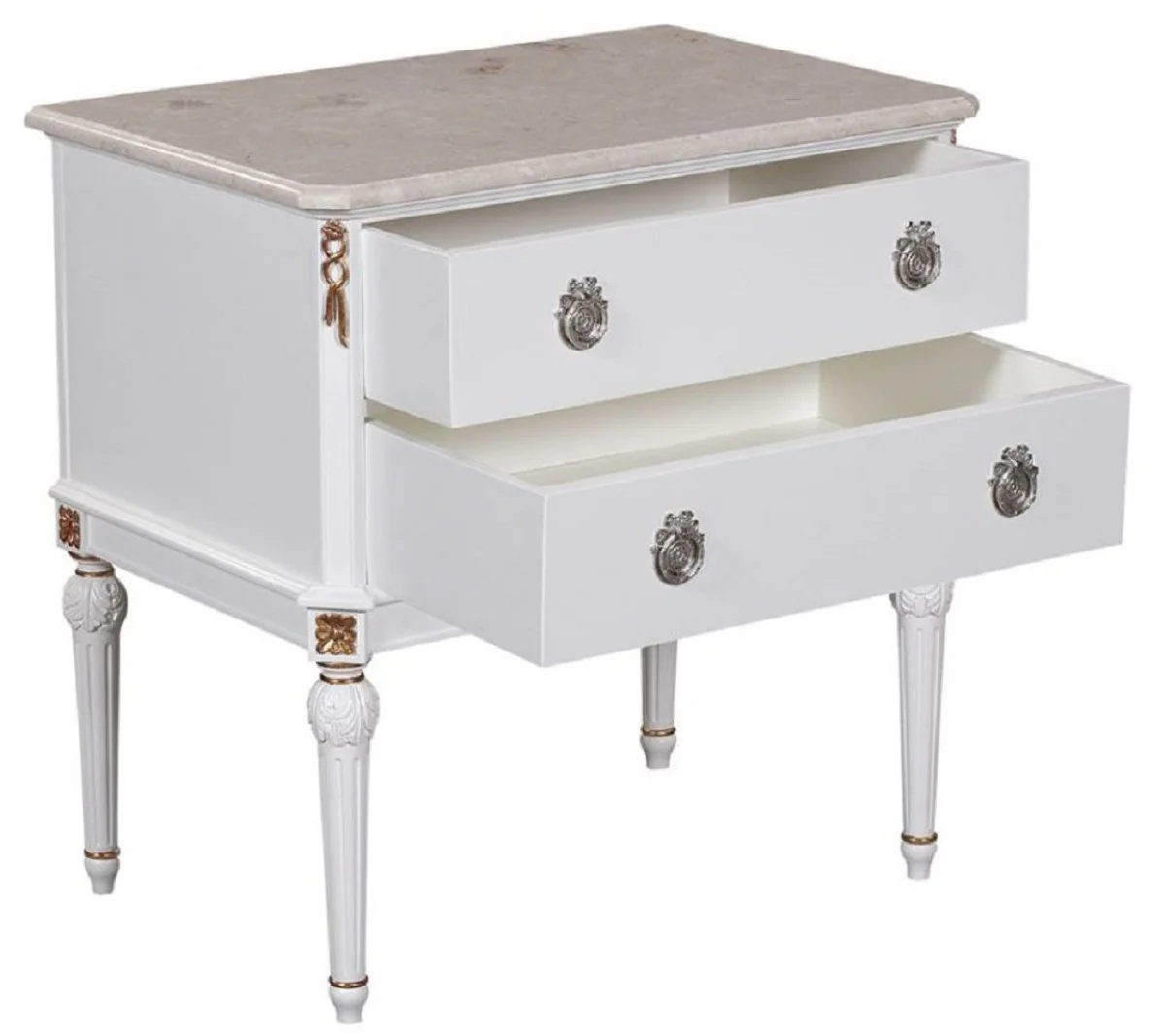 Luxury Baroque Nightstand White / Cream / Antique Gold / Silver - Handcrafted Solid Wood Bedside Table with Marble Top - Baroque Bedroom Furniture