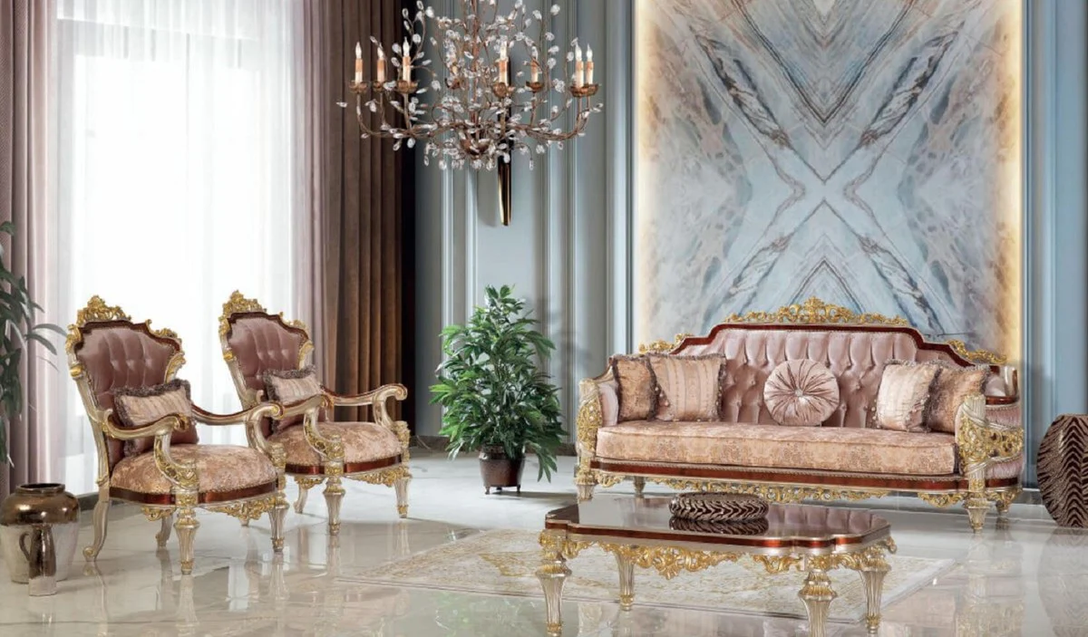 Luxury baroque sofa pink / brown / silver / gold 240 x 90 x H. 116 cm - magnificent living room sofa with an elegant pattern - furniture in the baroque style