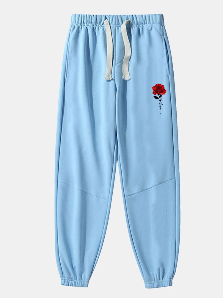 Rose Print Cotton Blend Jogger Pants