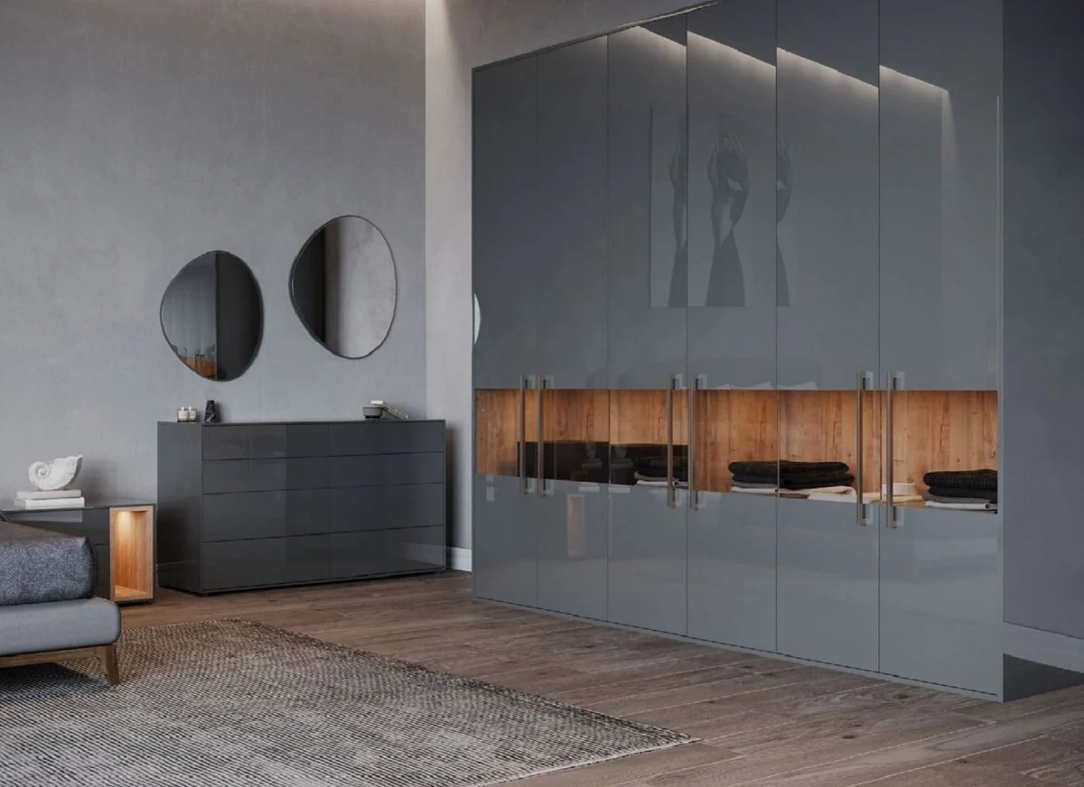 Luxury bedroom wardrobe gray / natural colors 275 x 59.6 x H. 244 cm - solid wood wardrobe with 6 doors - bedroom furniture - hotel furniture - luxury furniture