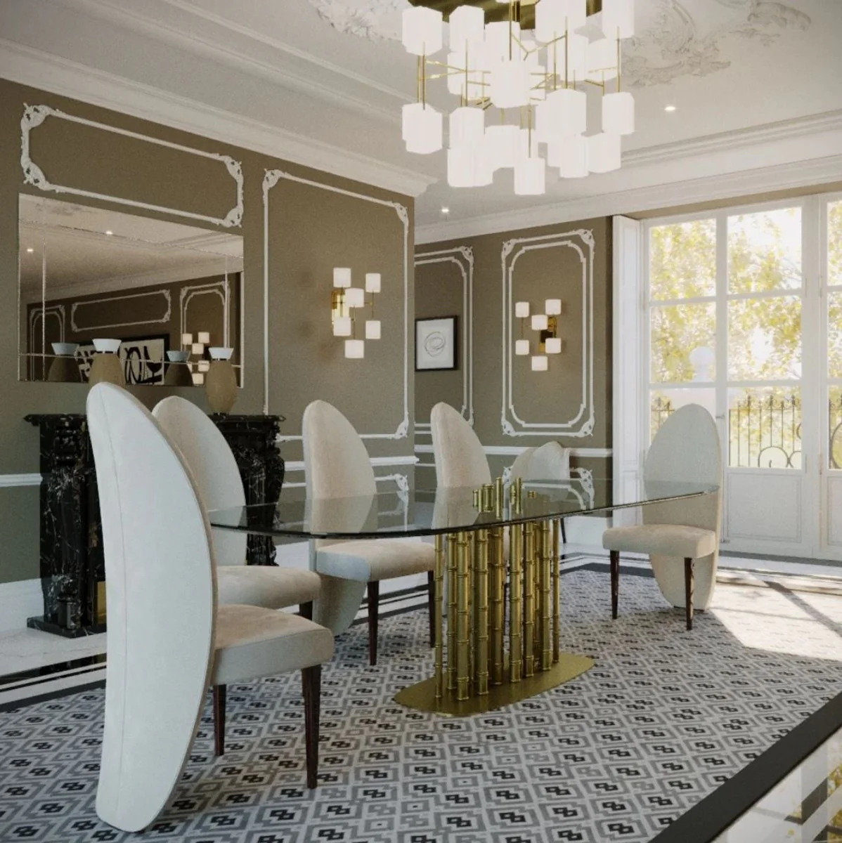 Luxury designer dining table bamboo gold 200 x 110 x H. 78 cm - Handmade dining room table with oval glass top - Dining room furniture - Hotel furniture - Luxury quality