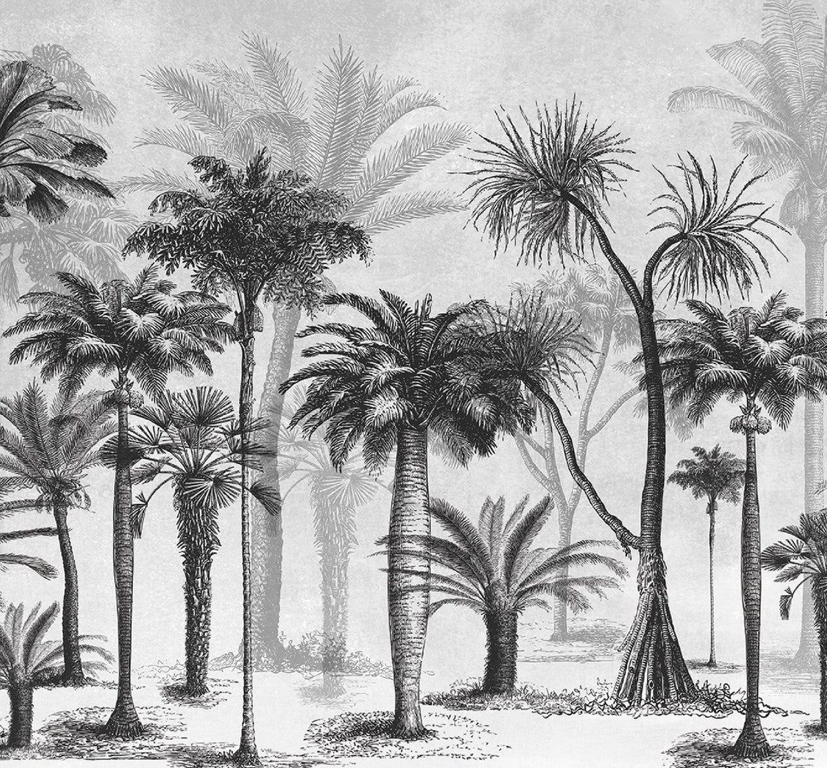 Luxury curtain set palm trees gray / black 250 x H. 290 cm - Printed linen & velvet curtains - Eyelet curtains - Sliding curtains - Luxury decorative accessories