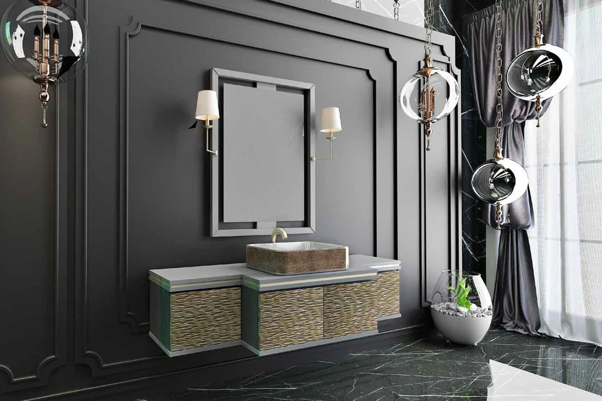 Luxury bathroom set gray / gold / black - 1 vanity unit with 4 doors and 1 sink and 1 wall mirror with 2 wall lights - Luxury collection