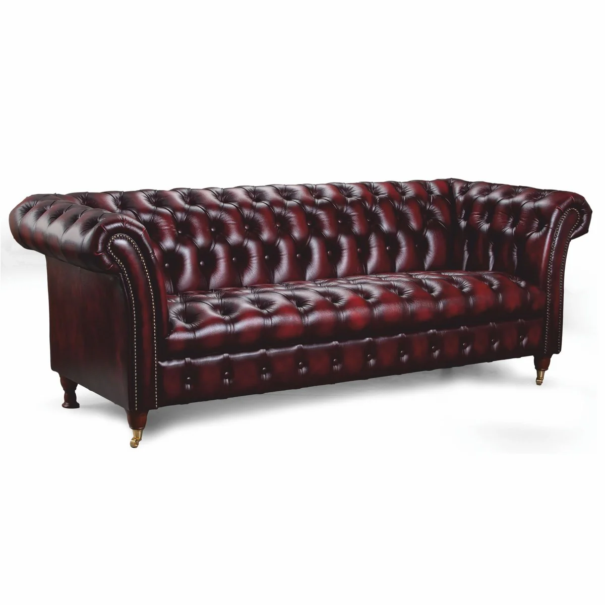 Luxury Chesterfield leather 3 seater sofa dark wine red / brass 235 cm - genuine leather furniture