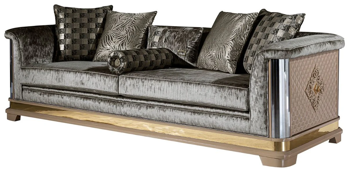 Luxury Art Deco sofa silver / black / beige / gold 249 x 93 x H. 72 cm - Living room sofa with decorative pillows - Art Deco living room furniture