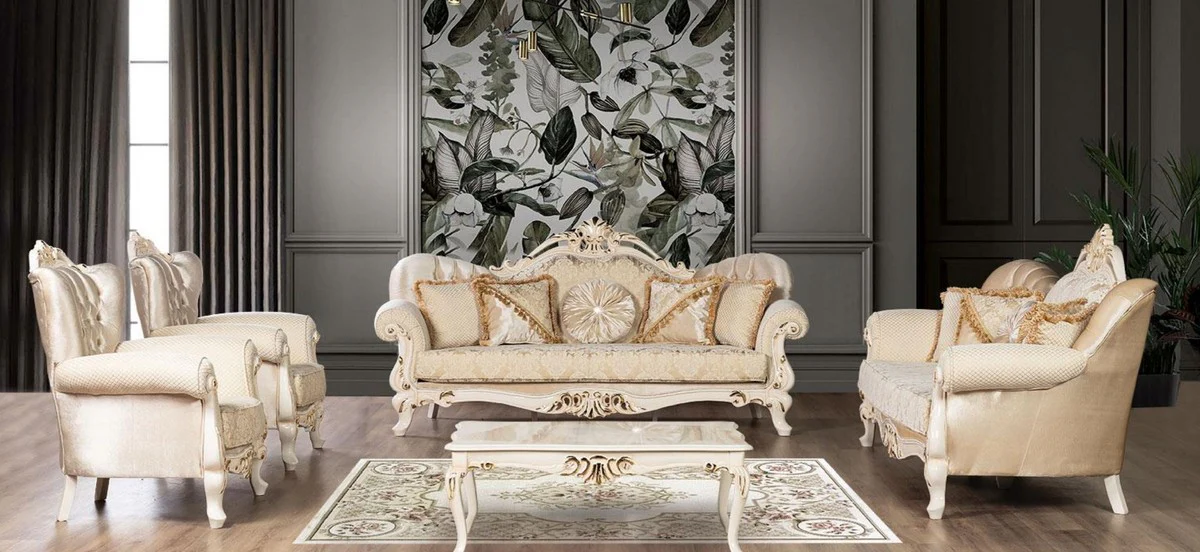 Luxury Baroque Living Room Set Gold / Cream / Gold - 2 Baroque Sofas with Pattern & 2 Baroque Armchairs with Pattern & 1 Baroque Coffee Table - Baroque Living Room Furniture