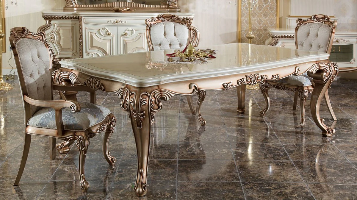 Luxury baroque dining table white / beige / copper - Magnificent solid wood dining room table in baroque style - Magnificent baroque dining room furniture