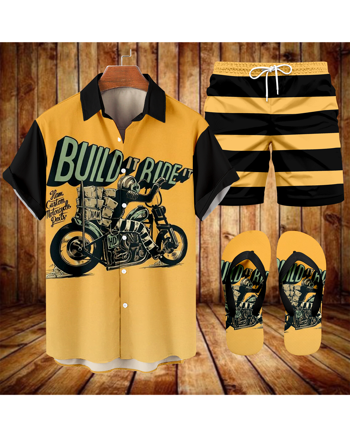 Suitmens Men's Modified Motorcycle Print Shirt Three-Piece Set 070
