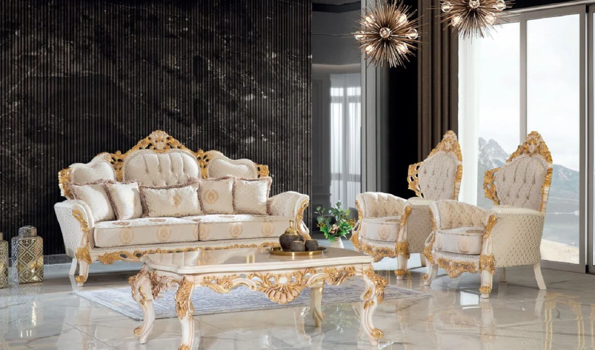 Luxury Baroque Sofa Cream / White / Gold 230 x 95 x H. 130 cm - Handmade Living Room Sofa with Elegant Pattern - Baroque Living Room Furniture - Noble & Magnificent