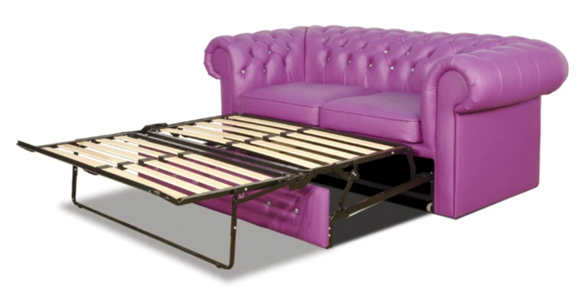 Real leather 2-seater sofa in purple with Swarowski crystal stones 180 x 100 x H. 78 cm - luxury Chesterfield sofa bed