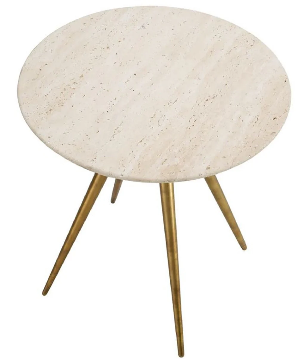 Luxury side table with travertine table top beige / vintage brass Ø 45.5 x H. 47.5 cm